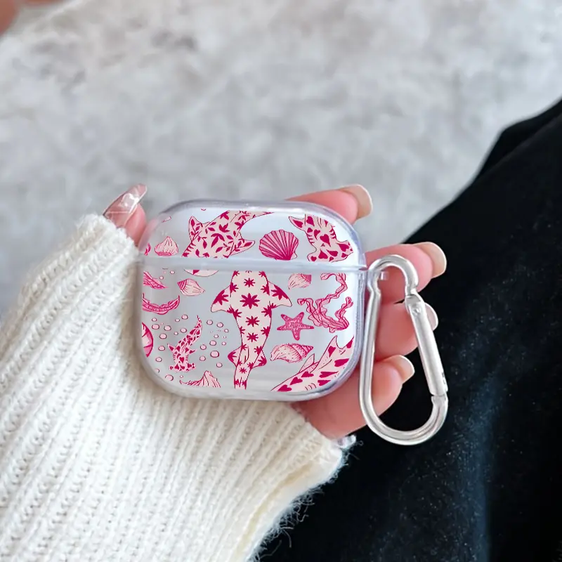 Oceanic Artistry Pattern TPU Soft Protective Case for Apple AirPods 4/3/2/1/Pro/Pro2 Transparent Earphone Cover with Keychain Attachment