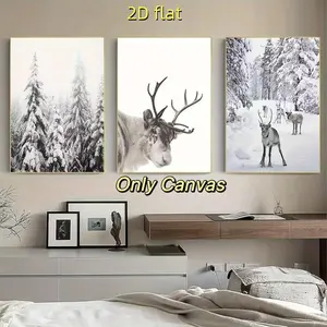 3 reindeer print animal winter canvas posters, Nordic Christmas snow covered trees home decor artwork 2D flat printing frameless painting