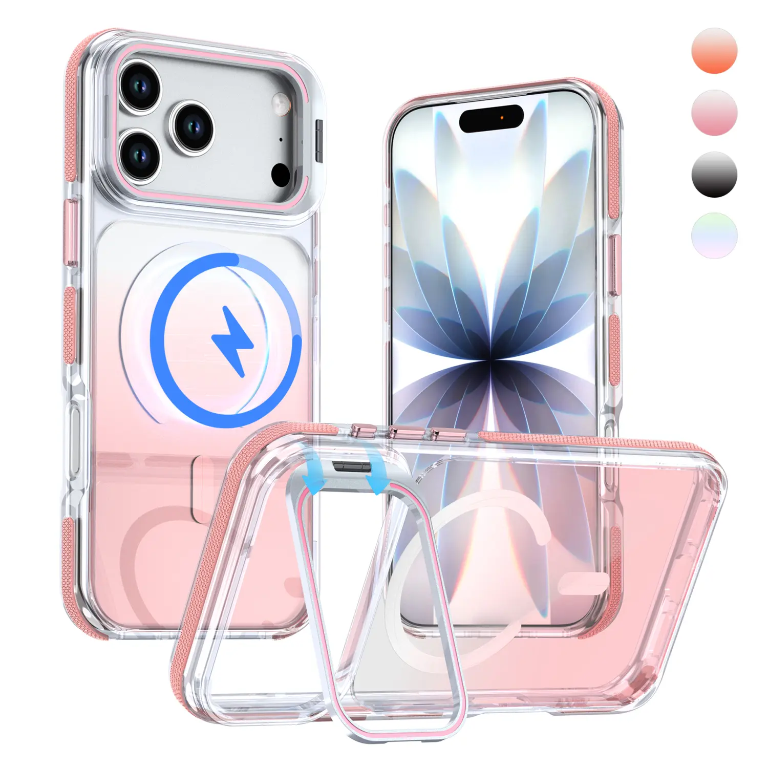 TPU Shockproof Gradient Magnetic Phone Case with Detachable Lanyard, Camera Stand & Wireless Charging Support, Transparent MagSafe-Compatible Protection Cover for iPhone 17 Pro Max/16/15/14/13/12 Mobile Accessories (Summer Vibes), Wrist Strap