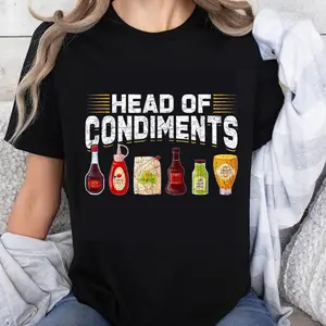 100% Cotton Head of Condiments Funny Food Lover T-Shirt with Ketchup Mustard Relish Sauce Bottle Design for Men Women Unisex Casual Wear
