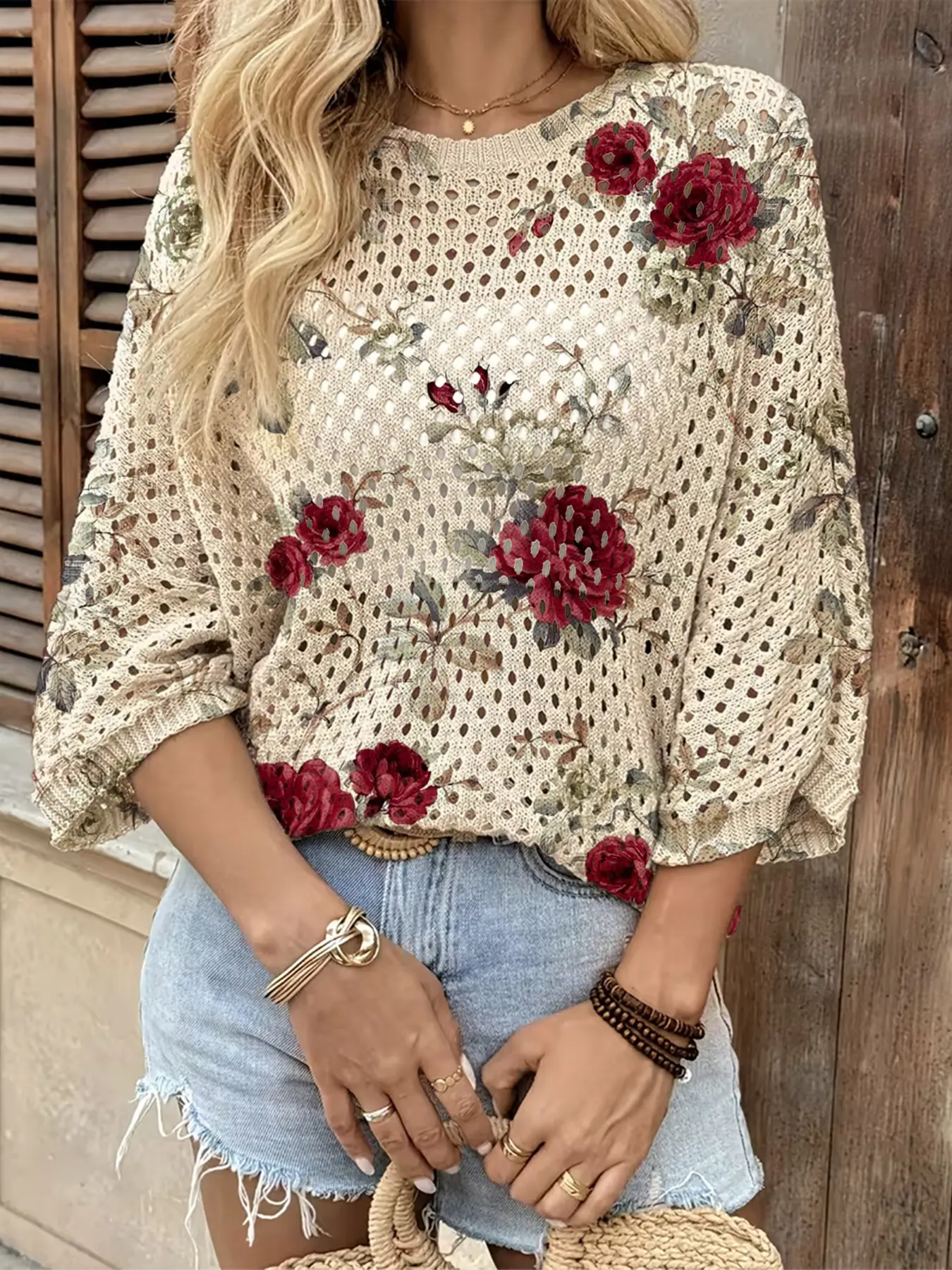 Spring Summer Round Neck Hollow Out Loose Knit Top, Casual Knit Tops, Colorblock Pullover Floral Print Women's Knitwear, Boho Beach Cover-Up, Casual Elegant Commute, All Season Pullover