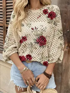 Spring Summer Women's Hollow Out Batwing Sleeve Knit Top, Colorblock Floral Print, Casual Elegant Commuter Wear, Boho Beach Cover-Up