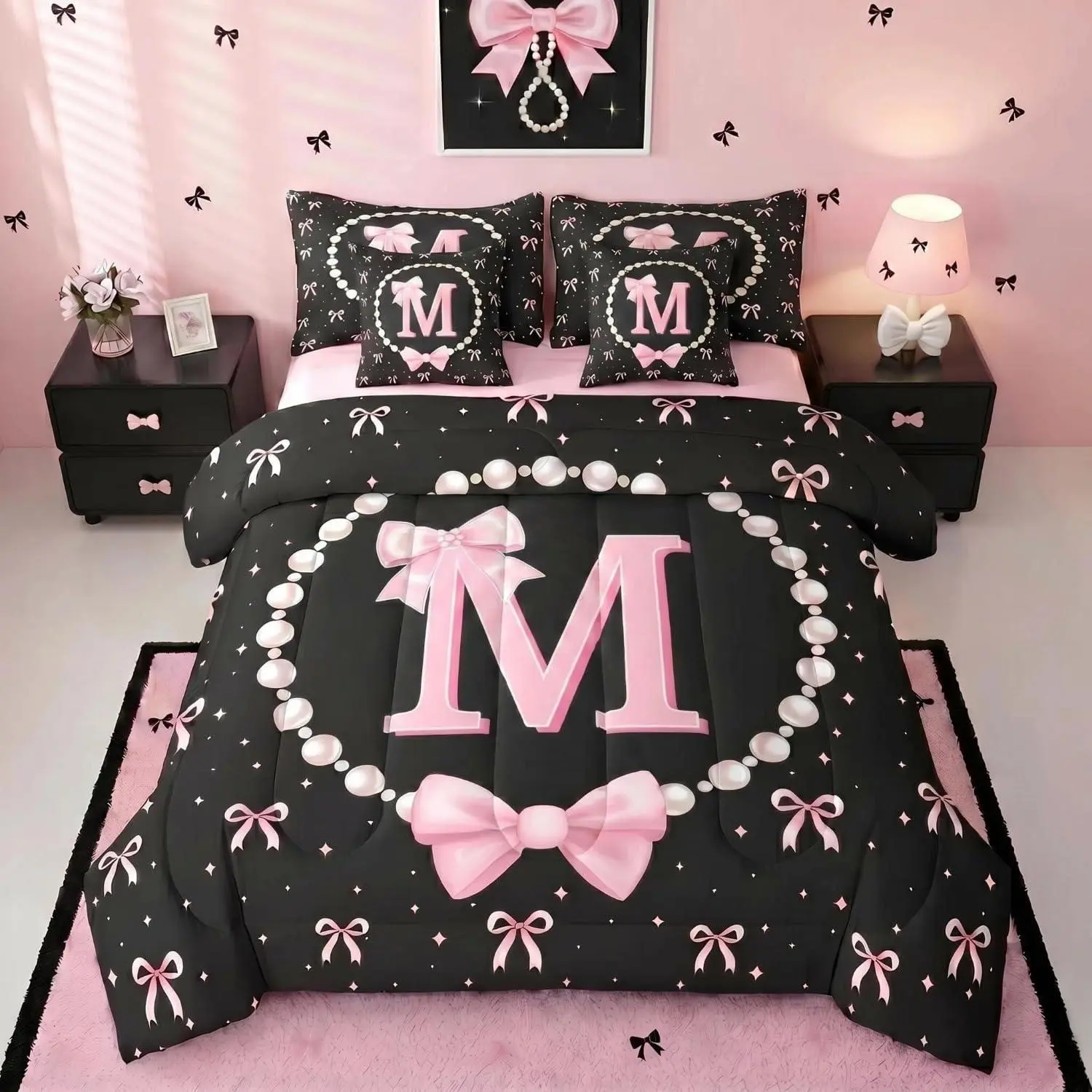 Pink and Black Bow Bedding Set 7 Piece - Initial Letter M Bowknot Comforter Set with Sheets,Pink Ribbon Bows Bed in a Bag,Monogrammed Bowtie Fitted Flat Sheet