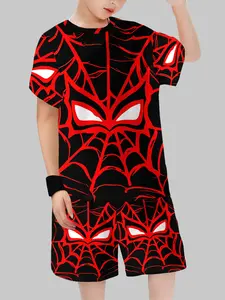 Spider-Man Surprise Full Print Boy Set, Cartoon Pattern, Casual Fitted Crop Top, Spider Web Details, Trendy Kids Clothing
