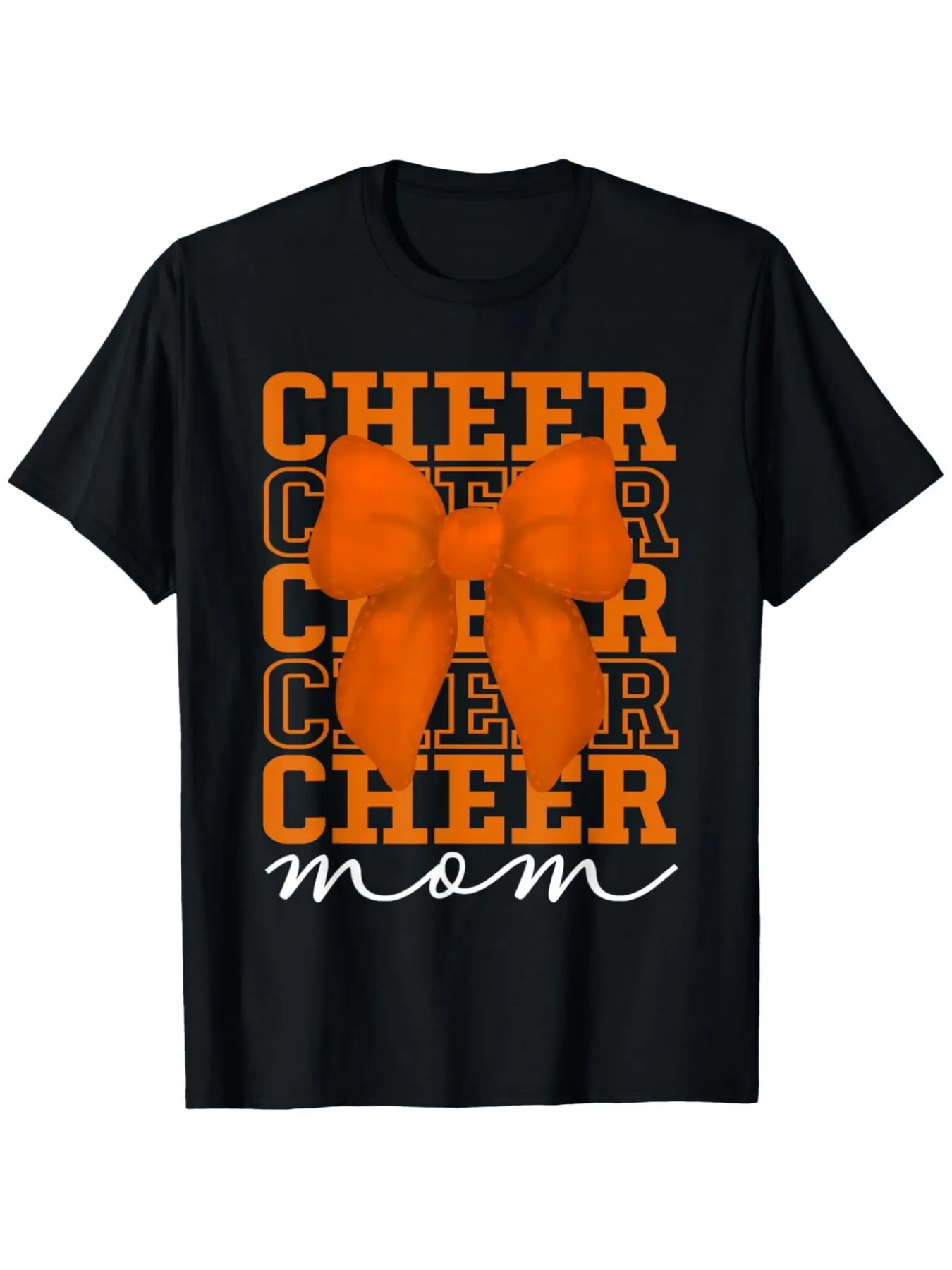 Cheer Mom Orange Team Cheerleading T-Shirt |   Bold Lettering & Bow Accent Vibrant Orange & Black Comfortable Round Neck Casual Top for Cheerleading Parents Cheer Squad All-season Vintage Style Crew Neck Regular Fit Pure 220G