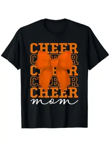 Cheer Mom Orange Team Cheerleading T-Shirt |   Bold Lettering & Bow Accent Vibrant Orange & Black Comfortable Round Neck Casual Top for Cheerleading Parents Cheer Squad All-season Vintage Style Crew Neck Regular Fit Pure 220G