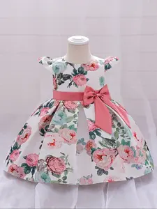 Toddler Girl's Floral Print Bow Decor Dress, Cute Casual Cap Sleeve Round Neck Dress for Party Holiday Wedding Guest, Kids Clothing for Summer