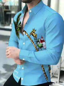 Light Blue Base Santa Stealing Printed Men's Christmas Shirt