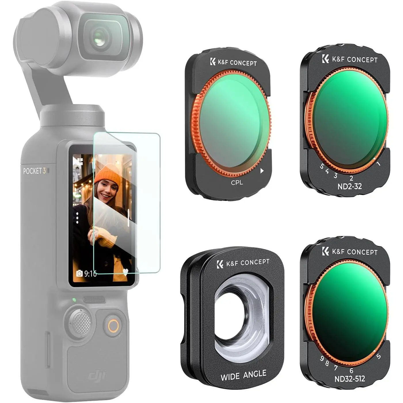 K&F Concept 4-Piece Camera Accessories Kit for DJI Osmo Pocket 3 - HD Glass Lenses, ND2-32, ND32-512 Neutral Density, CPL Polarizer Kit for Content Creators’ Photography & Videography Equipment
