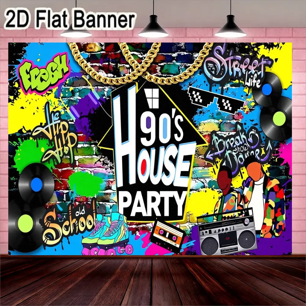 2D flat banner, 1pc90s House Party Graffiti Wall Art, Vibrant Neon Colorful Retro Collage Decor with Vinyl Records, Rollerblades, and Boombox for Nostalgic Home or Party Decorations, Party Backdrop Decoration, Party Decor Supplies