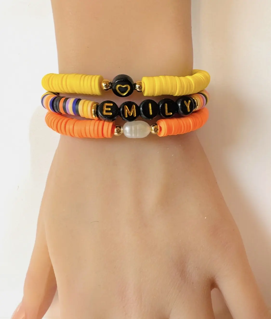 3pc Heishi Personal Name and Heart Bead Bracelets