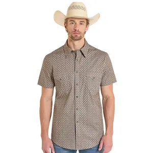 ROCK&ROLL SHIRT MENS RR  GEO PRINT  SNAP SHORT DARK  BROWN BMN3S08307