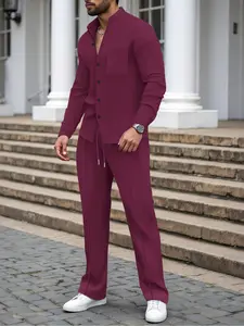 Men's Spring Summer Set, Two-Piece Long Sleeve Waffle Texture Muscle Show Design, Elastic High Waist Pants & Drawstring Waist, Casual Wear, Clothes