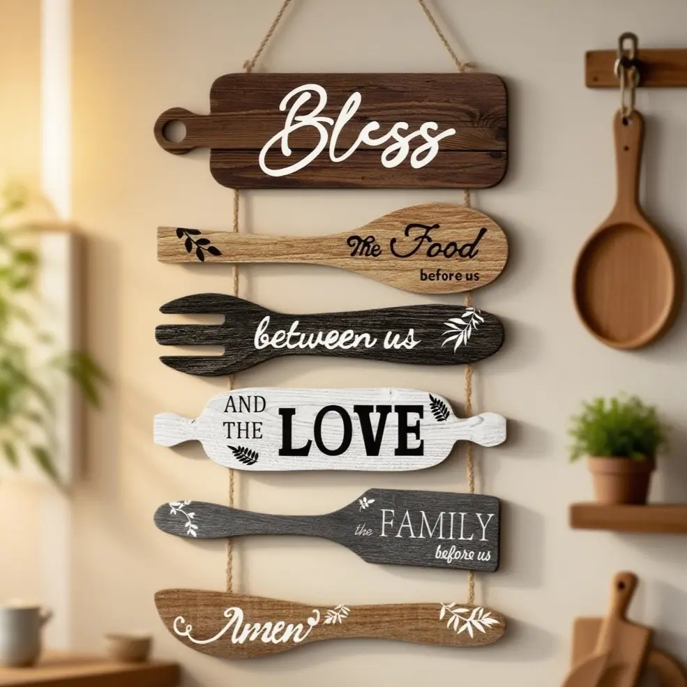 6-Piece Rustic Wooden Hangable Cookware-Shaped Bless the Food Plaques - Basic Daily Kitchen Accessories, Farmhouse Home Decor for Wall, Room Decorations