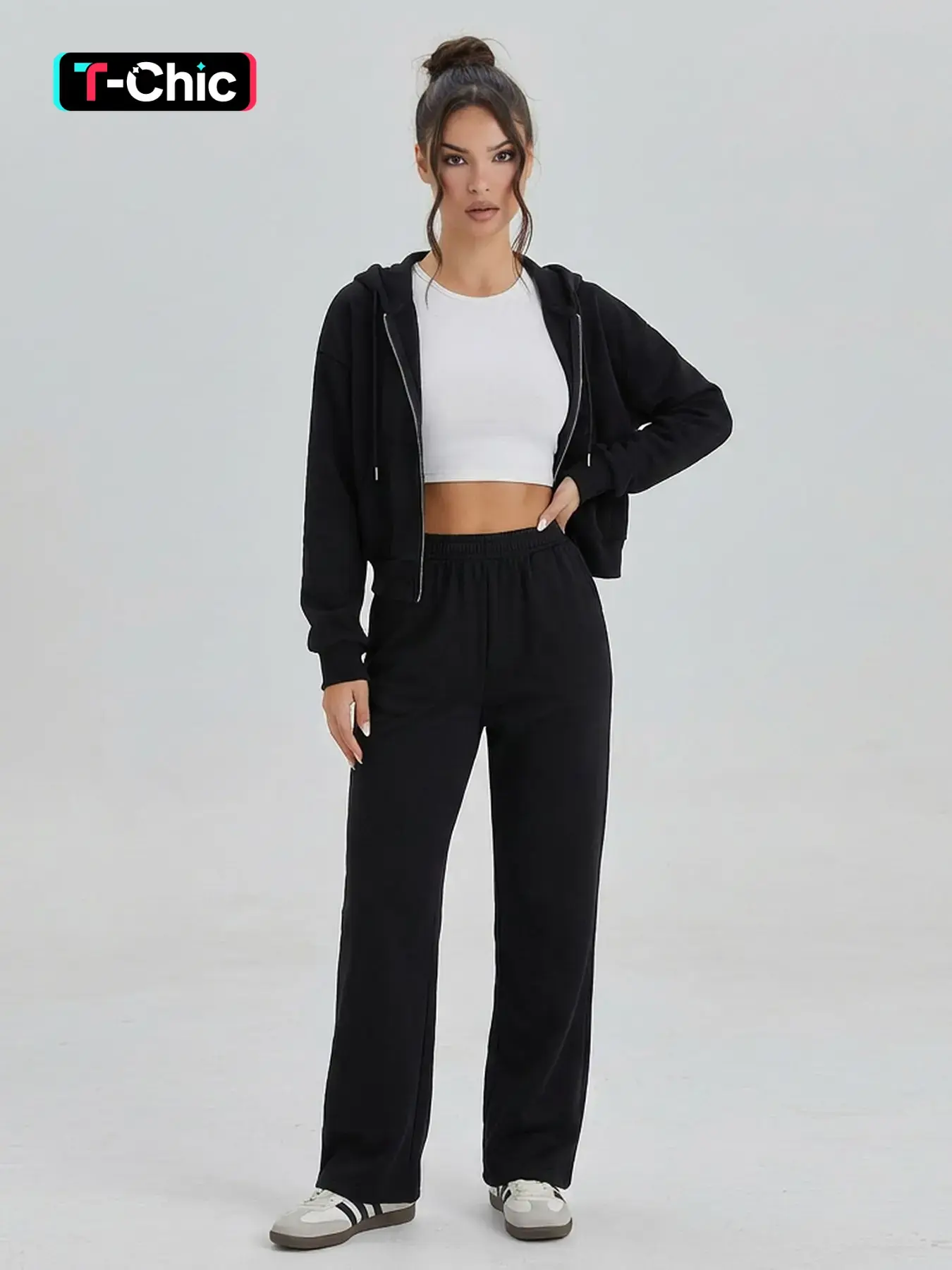 KatchMe Women's Casual Solid Color Zip Up Hoodie & High Waist Wide Leg Trousers Co-ord, Minimalist Two Piece Outfits, Soft Womenswear, Casual Loungewear Set