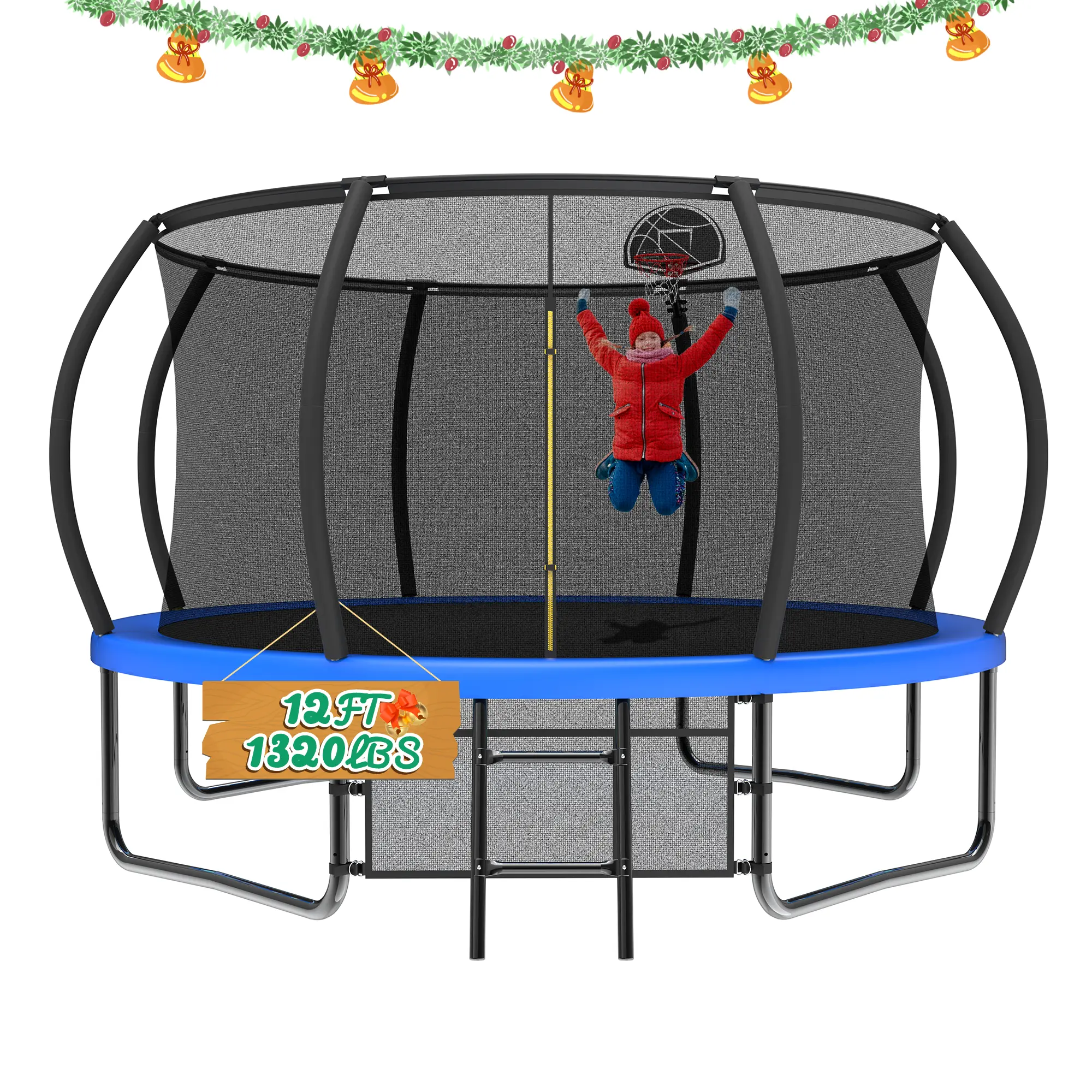 Mersco 12ft Diameter Blue Outdoor Kid Trampoline - Backyard Fun Recreational Trampoline with Safety Net, Curved Poles, Robust Construction, Jumping Mat [Christmas Gift], Recreational Trampolines