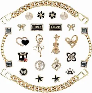 24 Pcs Bling Shoe Charms for Women, Gold Chain Pearl Flower Shoe Decorations, Rhinestone Charms for Clogs, Sandals, Slides, Cute Fashion Shoe Accessories