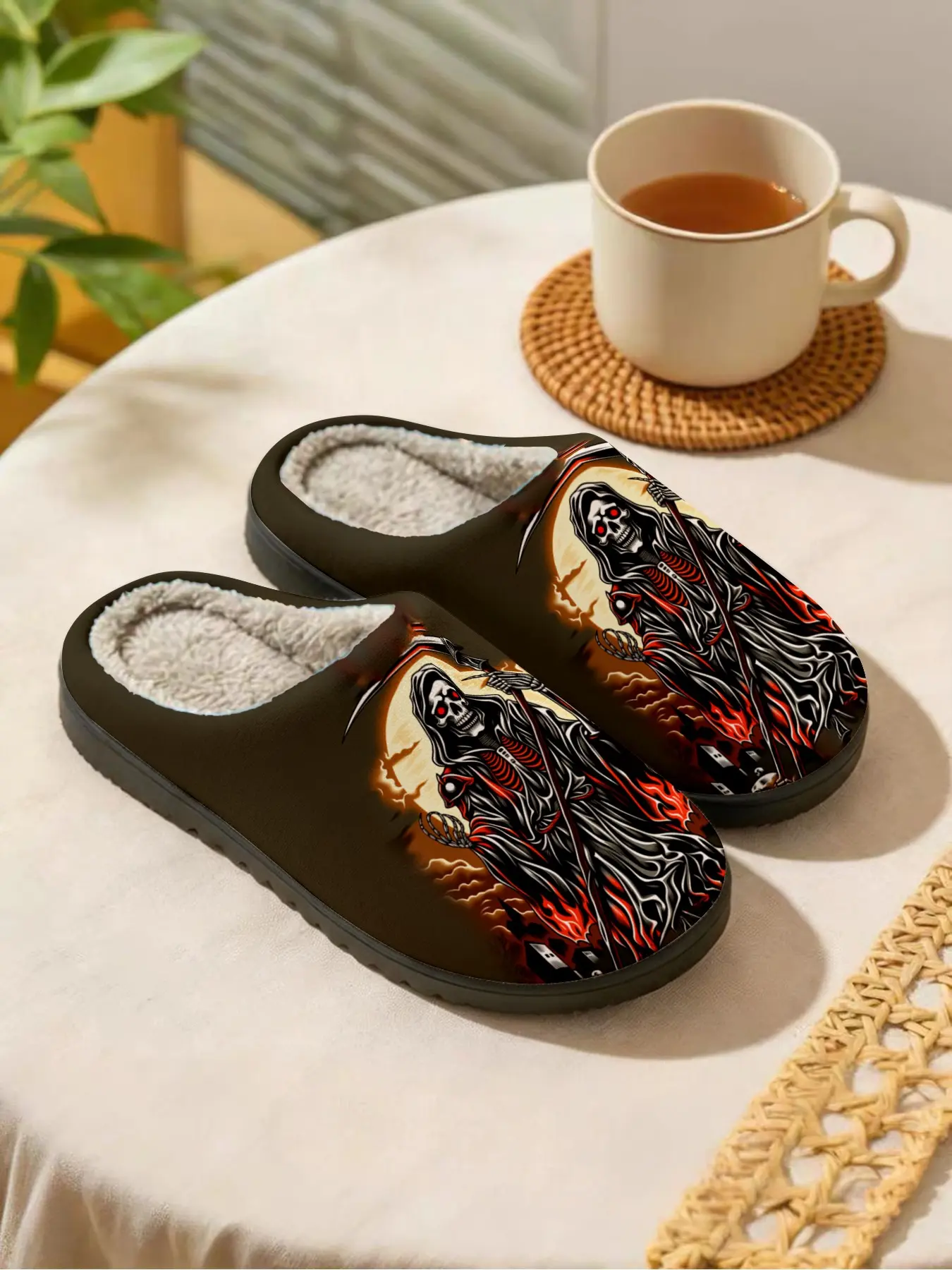 Dark Rebellious Style | Grim Reaper Scythe Print × 1 Pair | Plush Lined, Warm & Anti-Slip | Indoor Slippers | Unisex for Men & Women · Fall/Winter Home & Halloween Vibes Footwear | Affordable Slippers