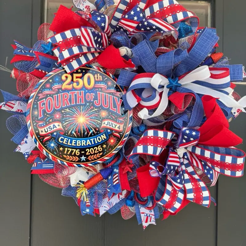 26x7 in 250th Birthday Fourth of July Metal Wreath with Decomesh Mesh - Patriotic Hanging Decor, Home Supplies, Gift Option, Secure Box Packaging