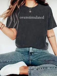 Plus Size Women's "Overstimulated" Oversized T-Shirt - Dark Grey Casual Short Sleeve Tee for Spring/Summer/Fall, Relaxed Fit & Machine Washable 897PM