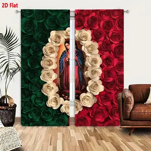 2D Flat Mexican Flag Virgin of Guadalupe Theme 2-Piece Curtain Set, Green White Red Roses, Blue Star Cloak Virgin Design, Religious Home Decor for Living Room Bedroom, Light Filtering & Privacy Protection