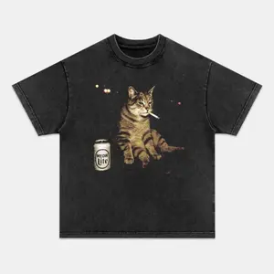 Humorous Cat Print Casual Cotton T Shirt Unisex Vintage Crew Neck Short Sleeve Comfortable Breathable Fashionable Daily Wear