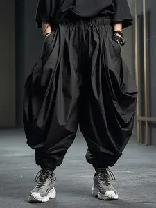 Mens Elastic Waist Ruffles Baggy Harem Trousers Fashion Loose Cargo Long Pants Casual Streetwear Trousers