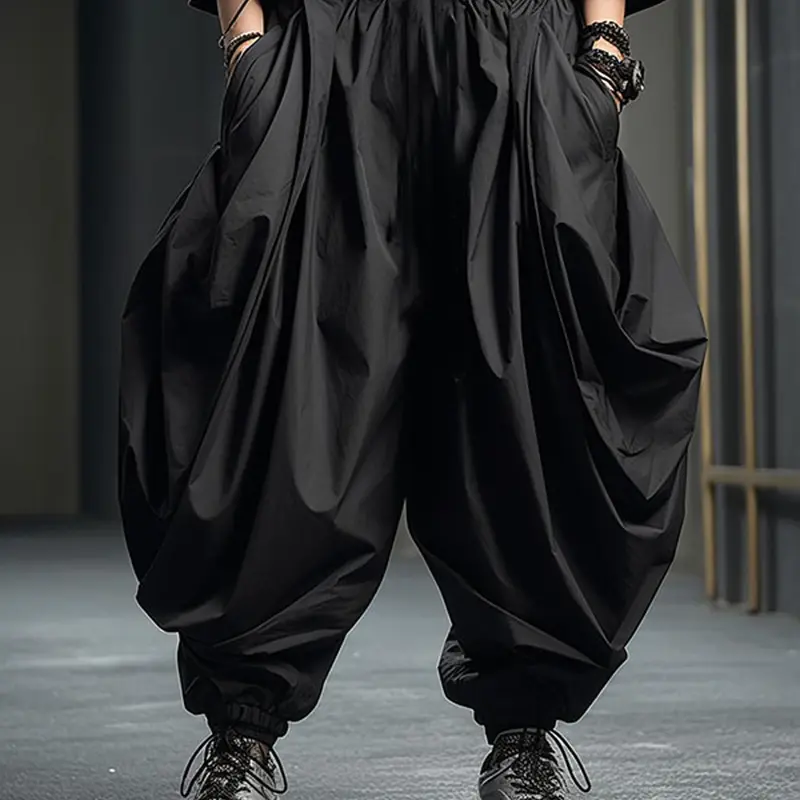 Mens Elastic Waist Ruffles Baggy Harem Trousers Fashion Loose Cargo Long Pants Casual Comfy Trouser Casual Streetwear Trousers Casual Bottom