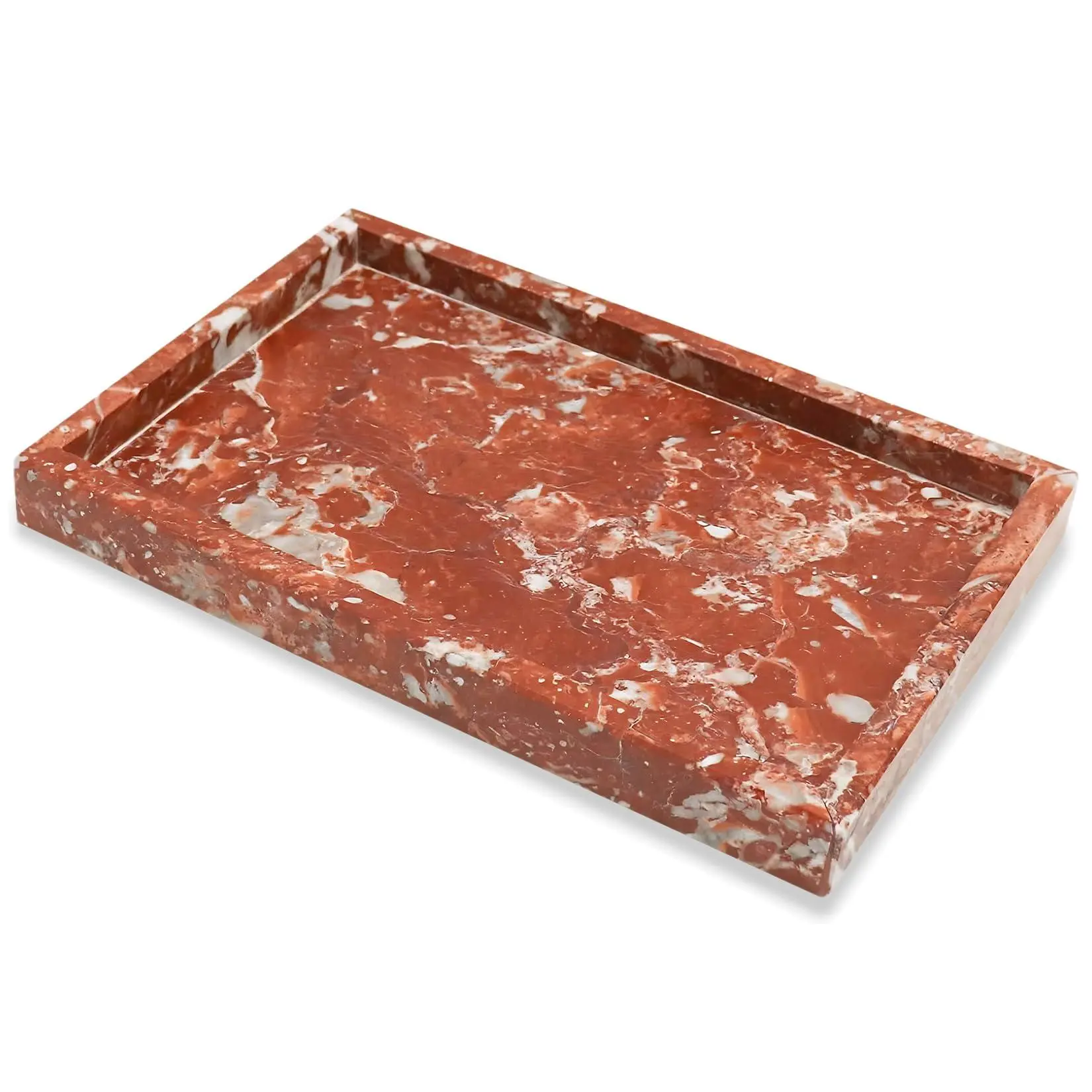 GARVEE Red Rectangular Natural Marble Stone Tray - 11.8x7.9in Vanity Tray with Non-Slip Mats, Smooth Glossy Surface, Stain Resistance, Easy to Wipe Clean for Bathroom, Kitchen