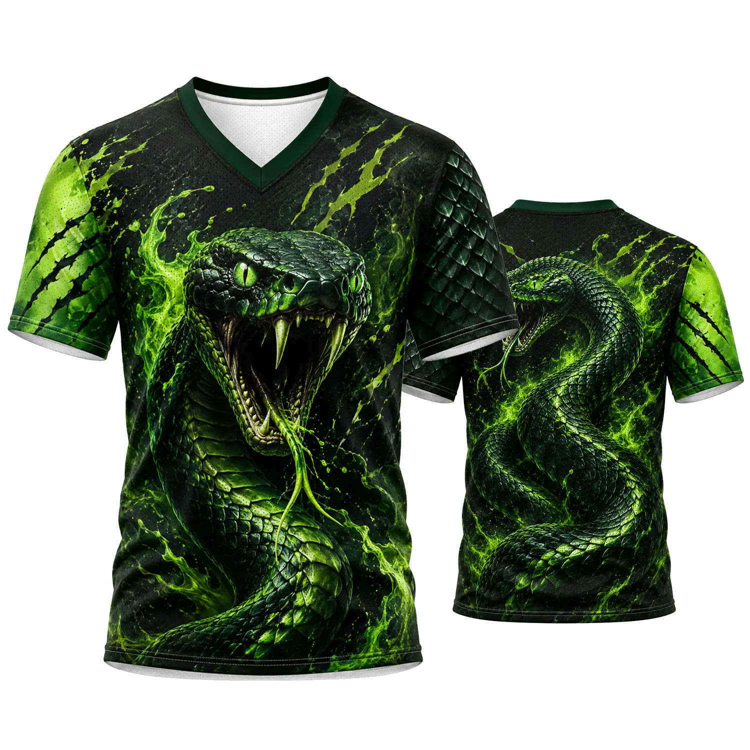 Green Snake Graphic V-Neck Athletic Shirt, Men Women Black Neon Serpent Sports Jersey, Reptile Fang Venom Print Short Sleeve Top, Streetwear, Size S-5XL
