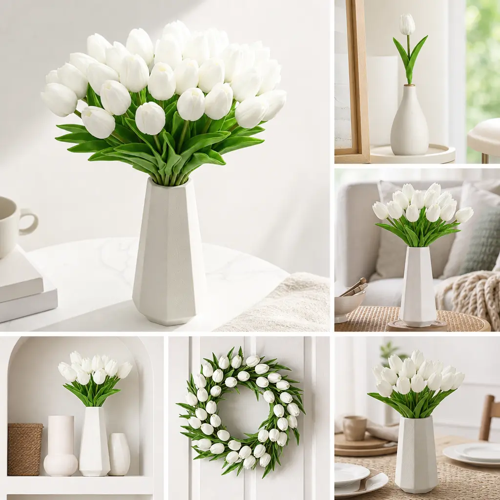 20pcs High-Quality PU Faux White Tulip Set - 13.5 in Realistic Look Artificial Flowers, Centerpiece Table Decor for Kitchen Island, Dining Table Home Decor, Decorative Fruit
