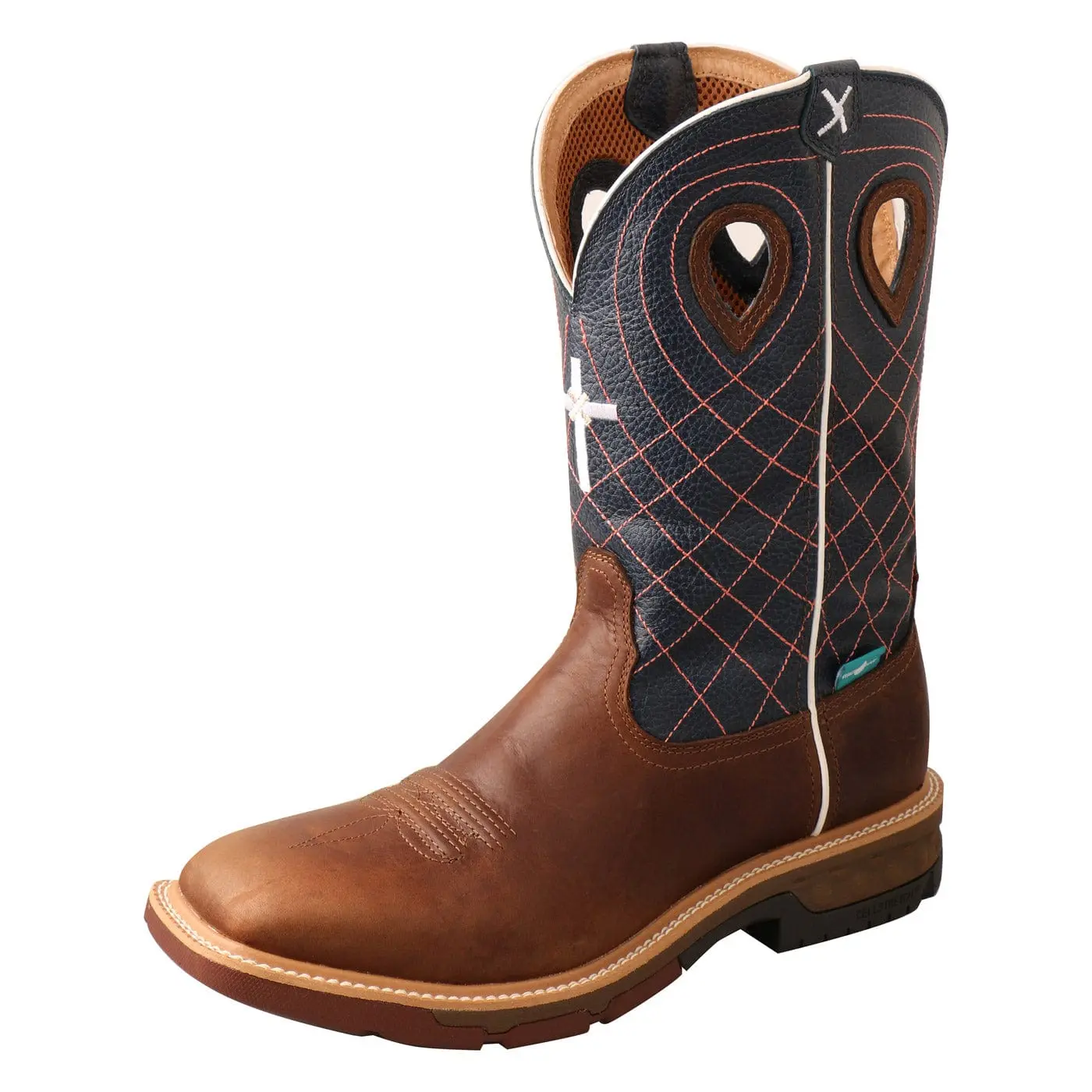 Men’s 12-in Twisted X Western Work Boot, Leather Footwear, Mocha-Navy Design
