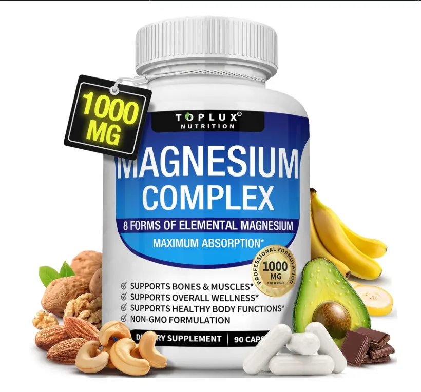 Magnesium Complex Supplement 8 Elemental 1000mg - Magnesium Glycinate, Citrate, Malate, Taurate, Chelated for Easy Absorption for Bones, Muscle, Recovery, Energy, Vegan Non-GMO 90 Capsules