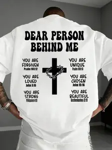 Men's Christian street-style oversized T-shirt, inspirational Bible verse print top with the phrase "To You Who Walk Behind Me" on the back, decorated with cross and crown of thorns patterns. It is a breathable loose crew neck casual top, perfect for chur
