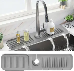 PoYang 24 Inch Faucet Mat for Kitchen Sink Splash Guard Behind Faucet, Sink Protectors for Kitchen Sink Faucet Mat Splash Guard for Kitchen Sink Area, Longer Silicone Faucet Guard & Draining Mat, Grey