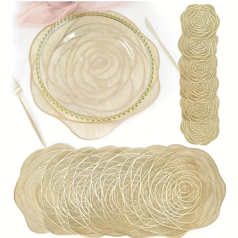 PVC Placemats & Coasters Set, 12pcs, Plastic Placemats, Kitchen Decorative Placemat, Washable, Non-Slip, Heat-Resistant, Ideal for Weddings, Parties, Festivals