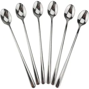Long Handle Spoon, 9-inch Ice  Spoon,   18/10 Stainless Steel Iced Teaspoon for Mixing,  Stirring, , Coffee, Milkshake, Cold Drink, Set of 6 (Heavy Duty)