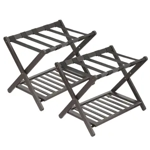Bamboo Folding Luggage Rack with Storage Shelf, 5 Nylon Straps Suitcase Stand Holds Up to 150 lbs, Space-Saving Foldable Luggage Holder for Bedroom Guest Room Hotel, Brown & White