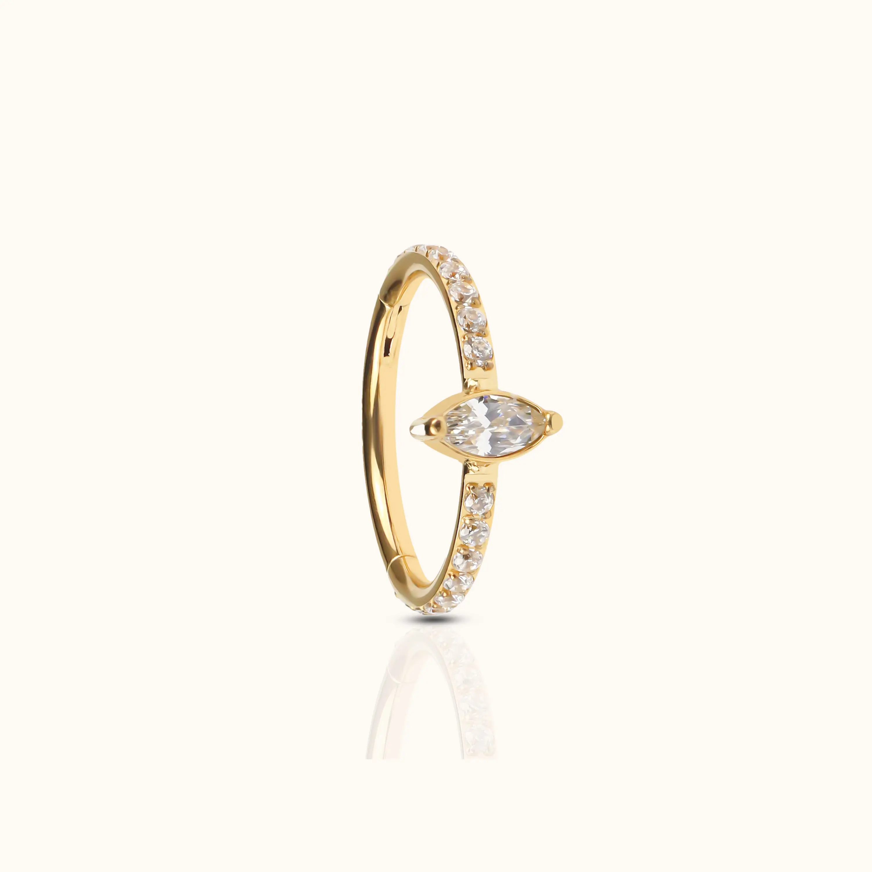 Solitaire Oval CZ Pave Clicker Titanium PVD Gold Hinged Hoop Earring