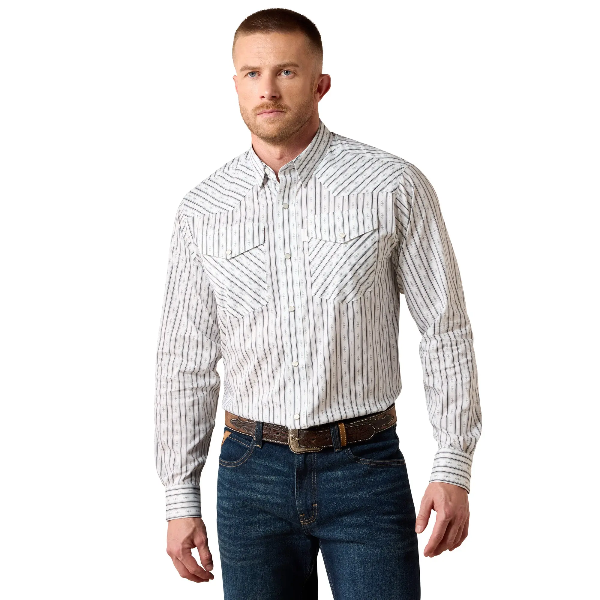 Ariat Men's Everything White Geo Stripe Classic Fit Snap Shirt 10079769