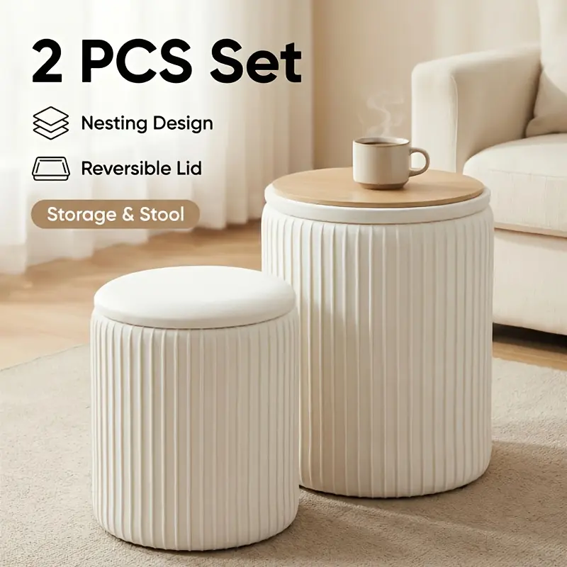 Set Of 2 Round Storage Ottomans with Lids - Upholstered Vanity Stools, Hidden Storage Benches for Living Room, Sturdy Coffee Table Alternative, Easy Assembly