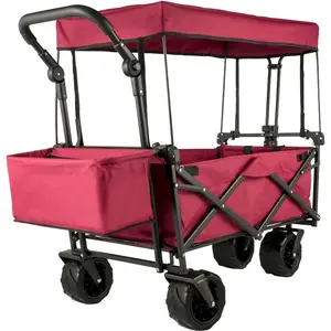 fathersdaygift VEVOR Extra Large Collapsible Garden Cart with Removable Canopy, Folding Wagon Utility Carts with Wheels and Rear Storage, Wagon Cart for Garden, Camping, Grocery Cart, Shopping Cart, Red