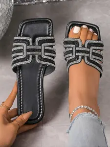 Fashion Rhinestone H-Type Sandals for Women Summer Square Toe Flat Slip-On Shoes, High-End Sparkle Outdoor Slippers, Footwear Sandal
