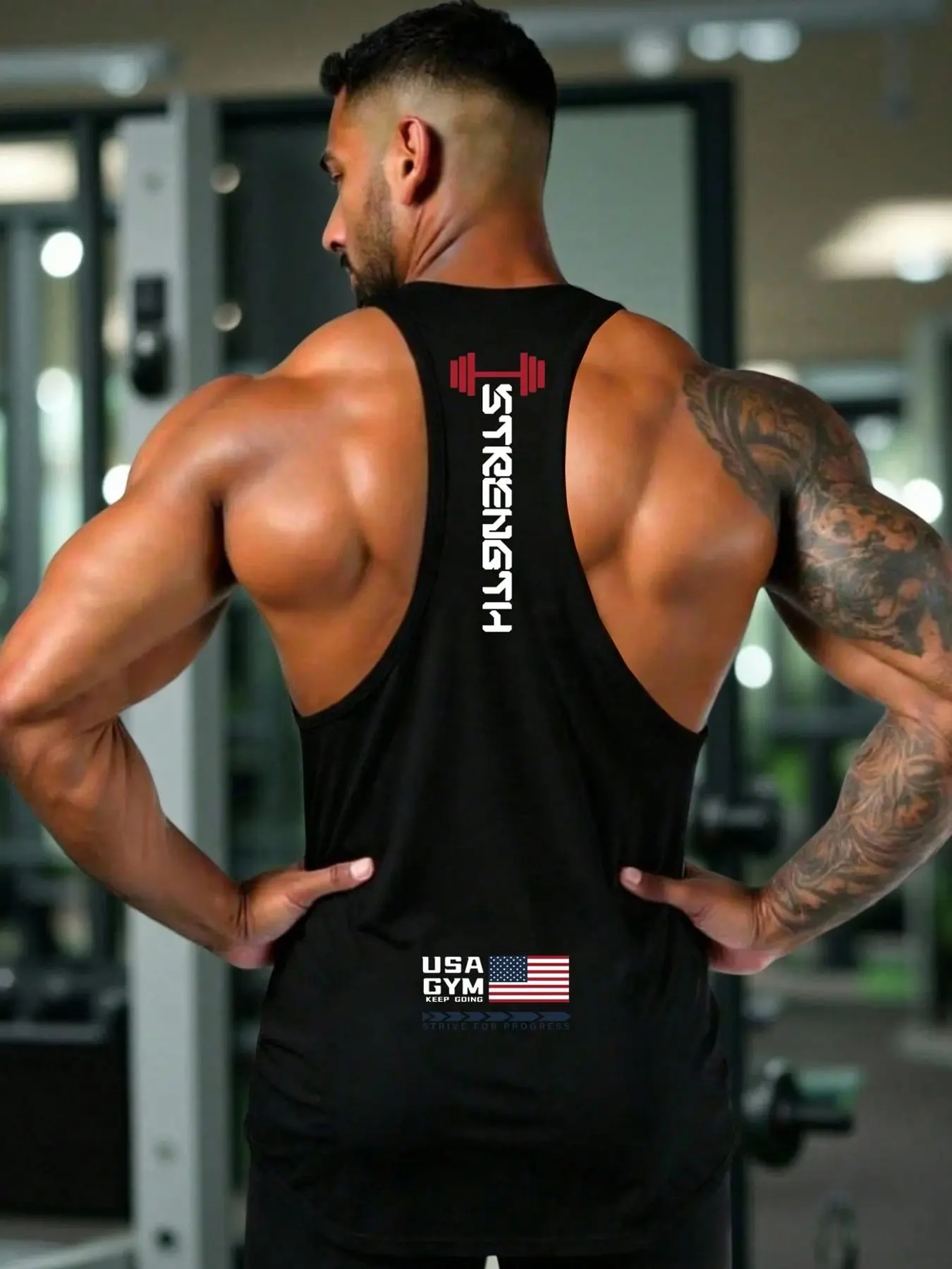 Men's Gym Muscle Tank Top, Y-Back Stringer Sleeveless T-Shirt, Sleeveless Sports Wear, with Strength & USA Gym Print, Breathable Fabric, Athleisure Tank for Workout, Running, Casual Daily Wear, Multi-Sport Top for Fitness Enthusiasts Gym Wear