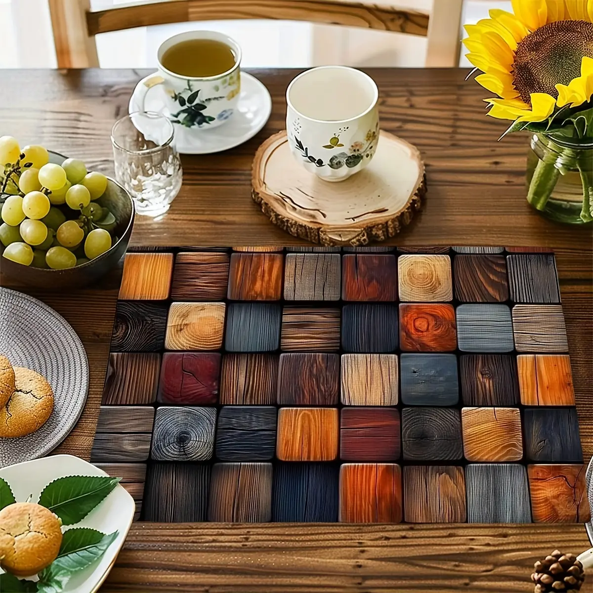 4/6-Piece Stylish Vintage Oil Painting Plaid Table Mat Set, Lightweight Non-Skid Household Placemats & Coasters, Washable Country Style Tableware for Festive Seasons