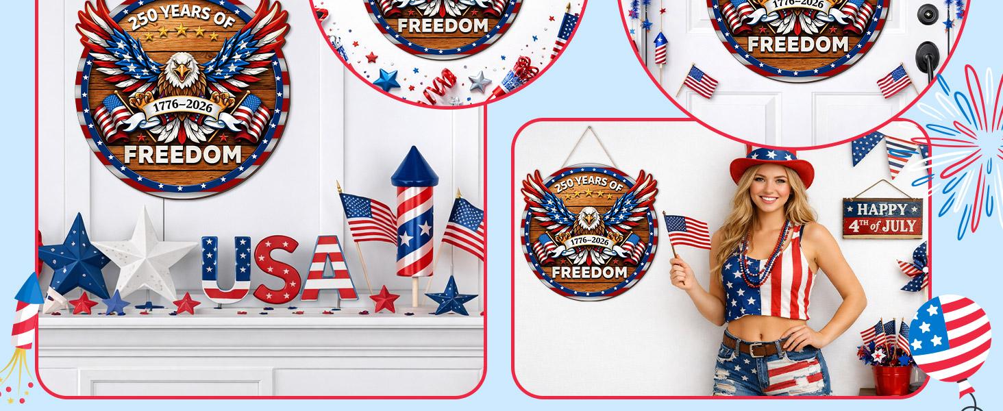 US 250th Anniversary Decoration Wooden Eagle Door Sign 250 Years of Freedom Wreath for Front Door Wall Signs Decor for 4th of July Home Decor Outdoor Indoor Party Supply