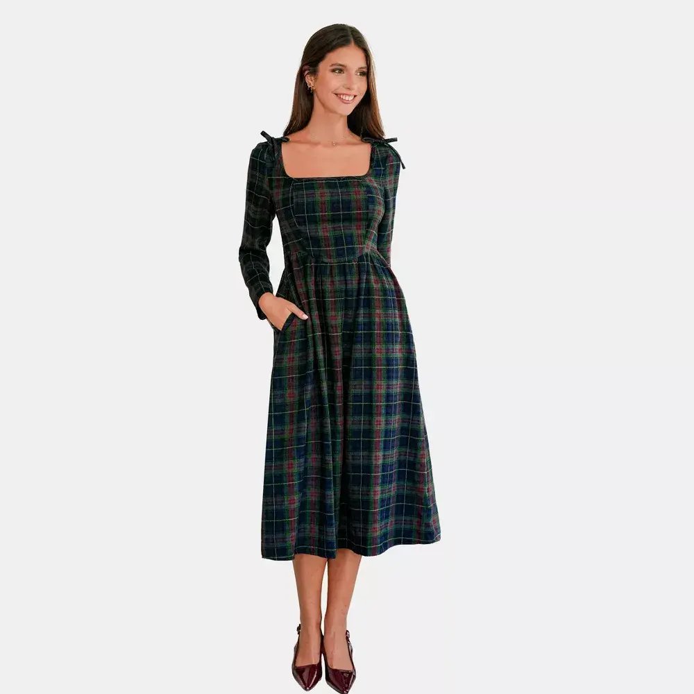 Women's Elegant Tartan Plaid Midi Dress with Puff Sleeves - Cupshe-XL-Green