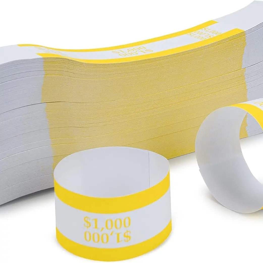 Self-Sealing Currency Band Pack - 500-Piece Yellow $1000 Denomination Money Bill Wrappers, Office Stationery for Versatile Use (Pack of 500)