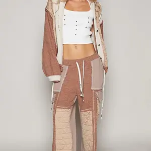 Pol   Hooded Long Sleeve Roomy Fit Quilted Jacket Quilted Contrast Casual Solid Knit Pants women's bottom