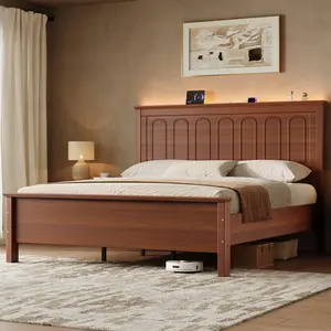 Queen Size Bed Frame with Tall Headboard, Mid Century Modern Wood Platform Bed with Charging Ports and LED Lights, Solid Wood Slat Support, No Box Spring Needed, Easy Assembly, Warm Brown